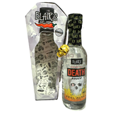 Blair's Crystal Death Sauce, 150ml bottle beside coffin shaped packaging with clear window.