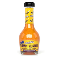 Bunsters Flamin' Mustard Hot Sauce bottle. 150ml. White Background.