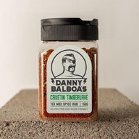 Danny Balboa's Crustin Timbarlake Tex Mex Spice Rub. 150g jar. Photographed upon a concrete slab.